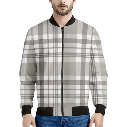 Grey And White Border Tartan Print Men's Bomber Jacket
