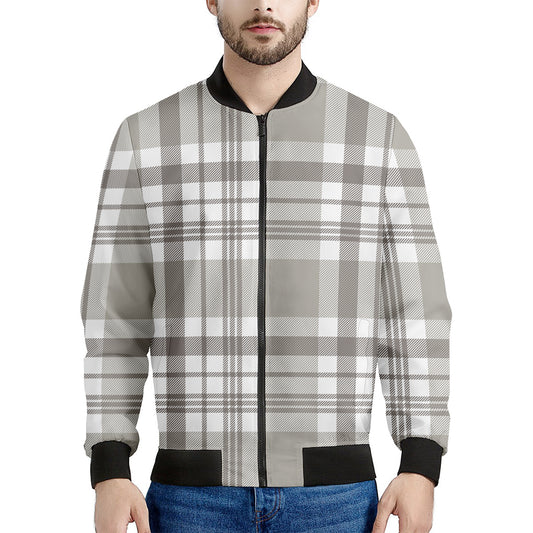 Grey And White Border Tartan Print Men's Bomber Jacket