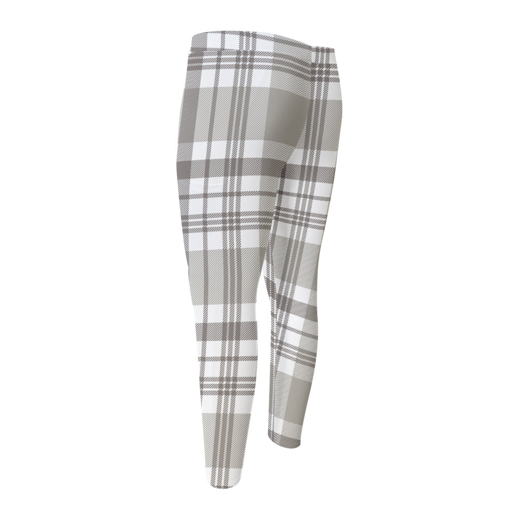 Grey And White Border Tartan Print Men's Compression Pants