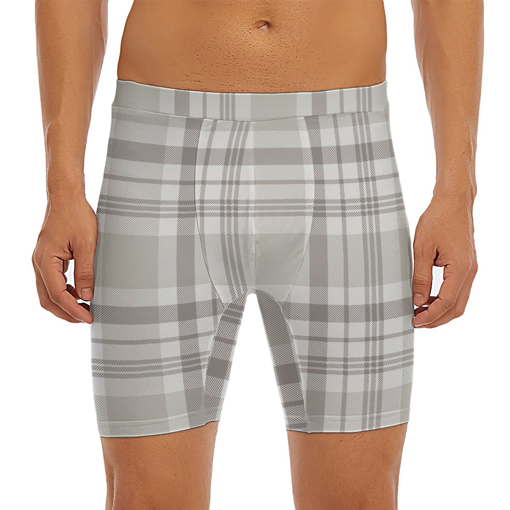 Grey And White Border Tartan Print Men's Long Boxer Briefs