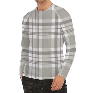 Grey And White Border Tartan Print Men's Long Sleeve Rash Guard