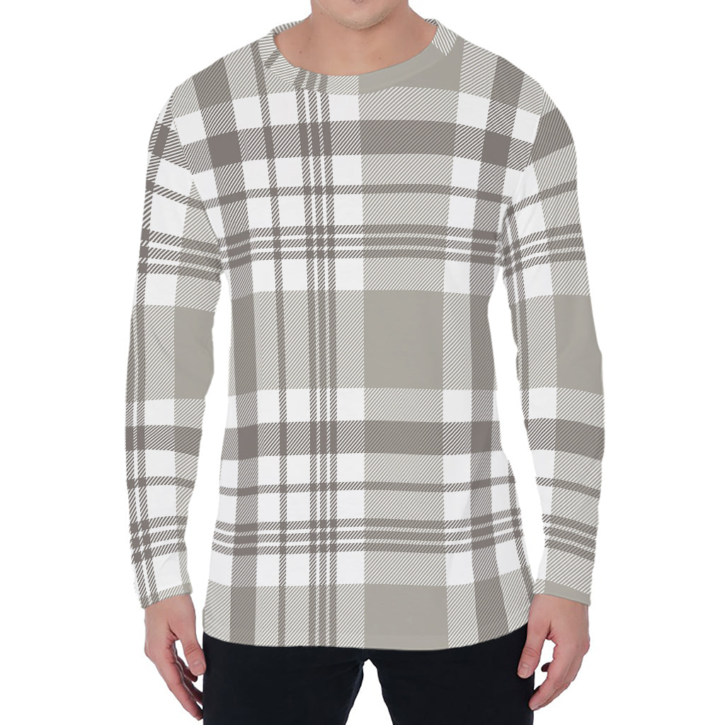 Grey And White Border Tartan Print Men's Long Sleeve T-Shirt