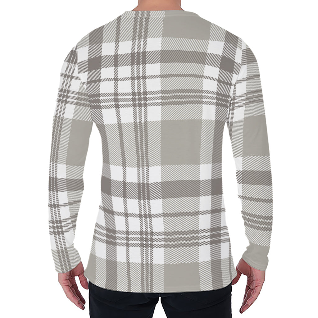 Grey And White Border Tartan Print Men's Long Sleeve T-Shirt