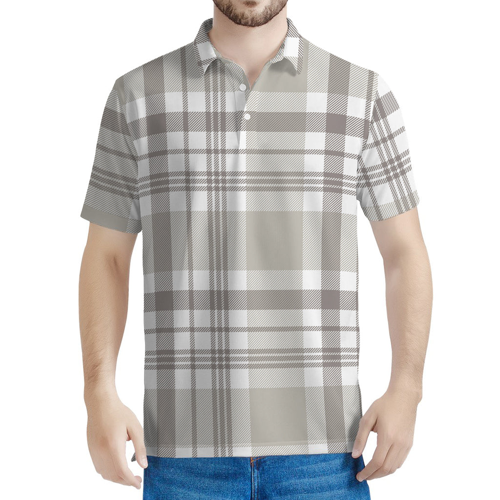 Grey And White Border Tartan Print Men's Polo Shirt