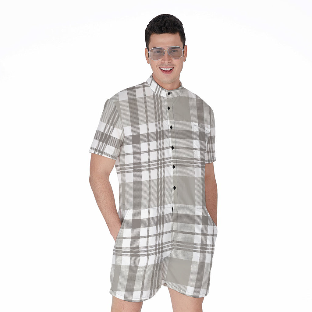 Grey And White Border Tartan Print Men's Rompers