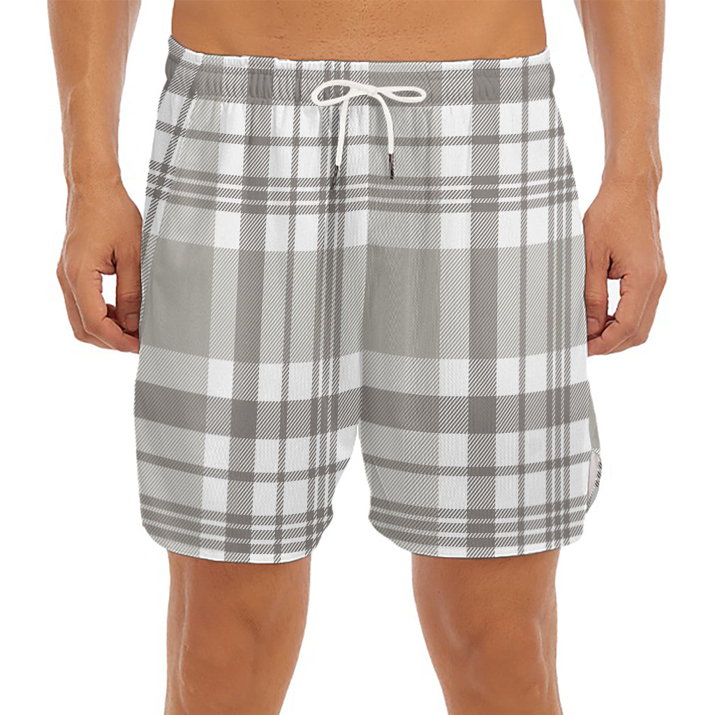 Grey And White Border Tartan Print Men's Split Running Shorts