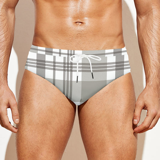 Grey And White Border Tartan Print Men's Swim Briefs