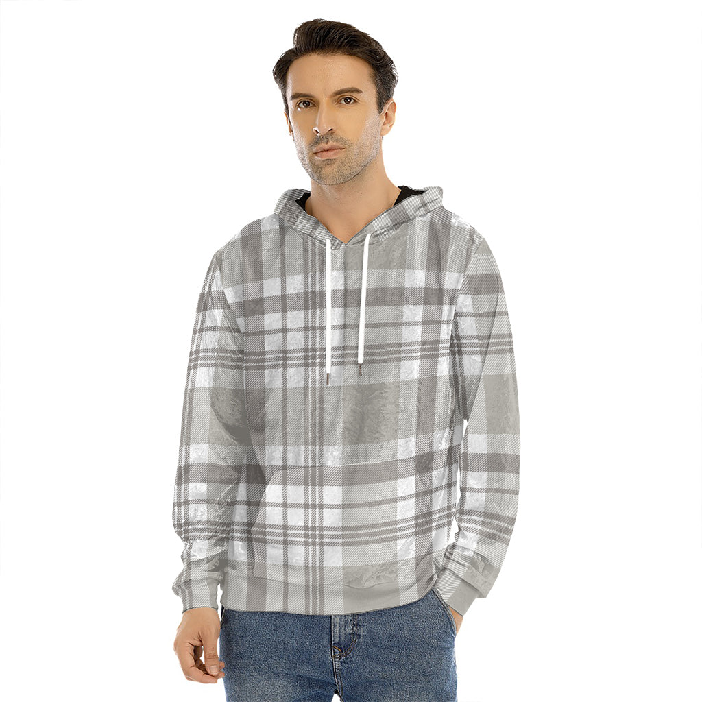 Grey And White Border Tartan Print Men's Velvet Pullover Hoodie