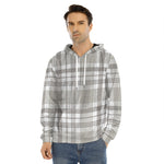 Grey And White Border Tartan Print Men's Velvet Pullover Hoodie