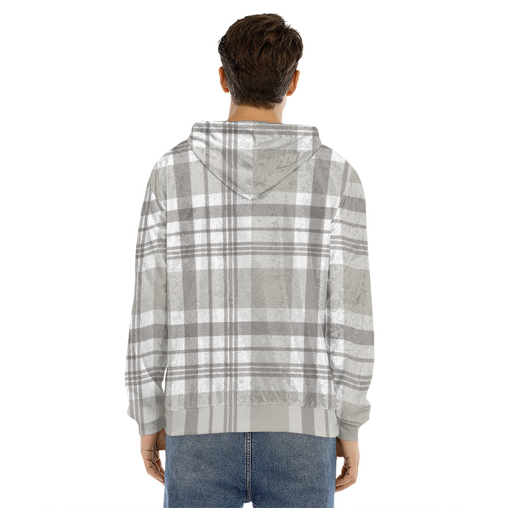 Grey And White Border Tartan Print Men's Velvet Pullover Hoodie