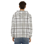 Grey And White Border Tartan Print Men's Velvet Pullover Hoodie