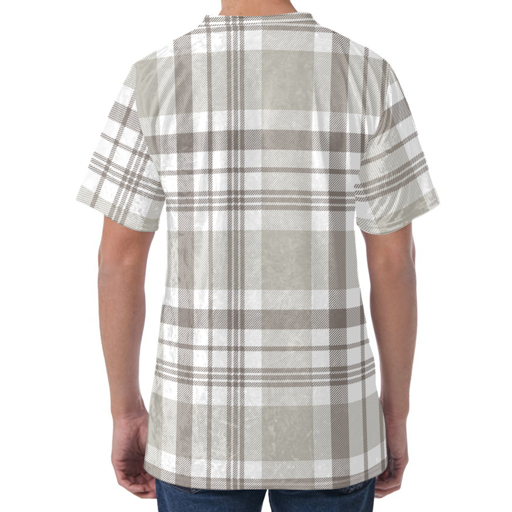 Grey And White Border Tartan Print Men's Velvet T-Shirt