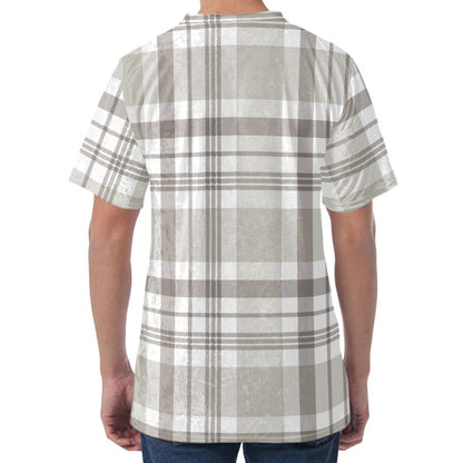 Grey And White Border Tartan Print Men's Velvet T-Shirt