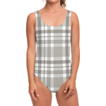 Grey And White Border Tartan Print One Piece Swimsuit