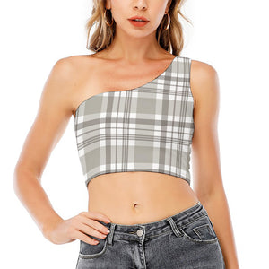 Grey And White Border Tartan Print One Shoulder Crop Top