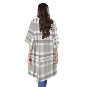 Grey And White Border Tartan Print Open Front Beach Cover Up