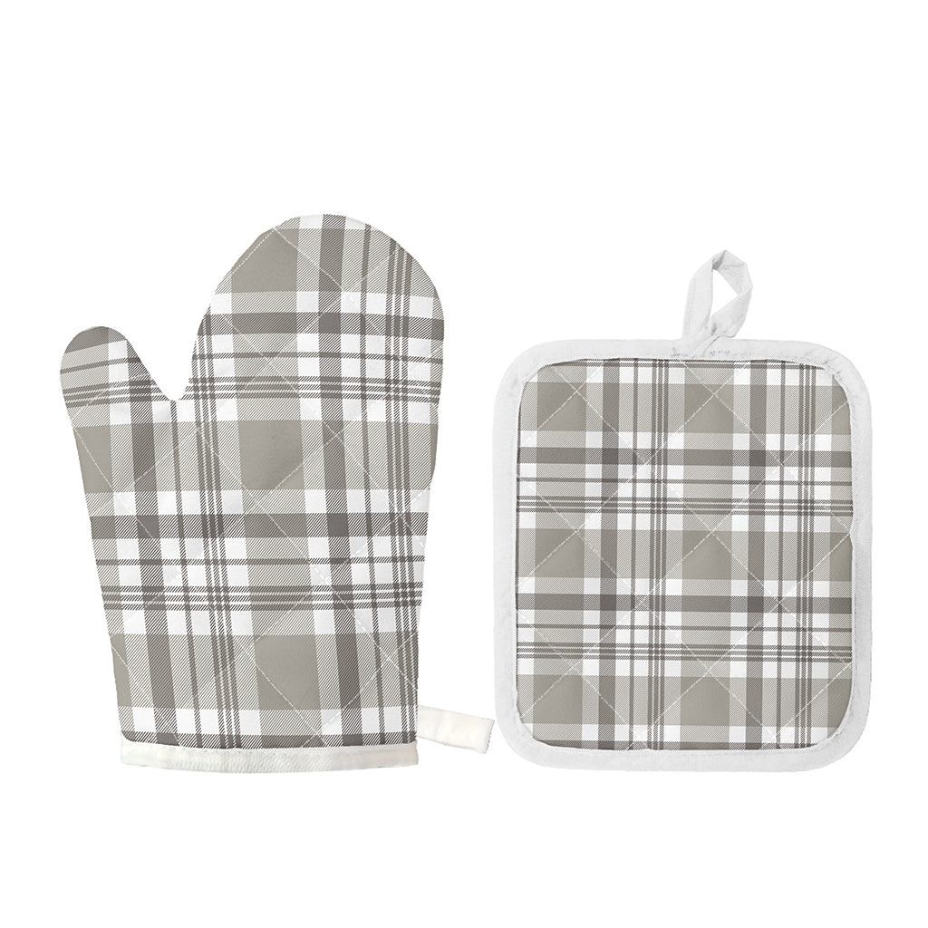 Grey And White Border Tartan Print Oven Mitt And Pot Holder Set