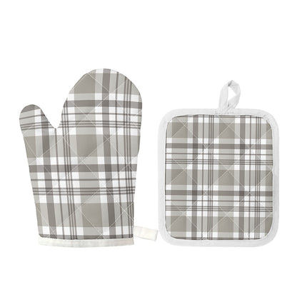 Grey And White Border Tartan Print Oven Mitt And Pot Holder Set