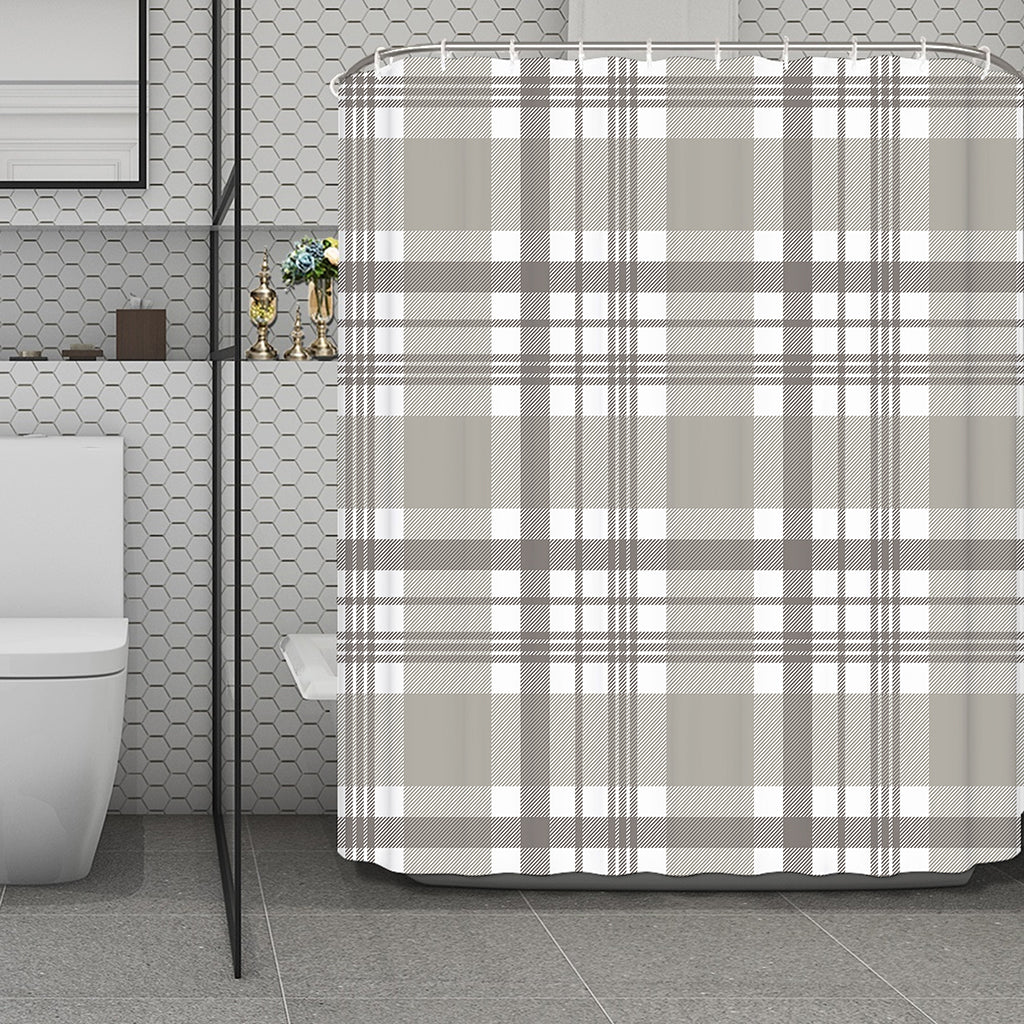 Grey And White Border Tartan Print Polyester Shower Curtain