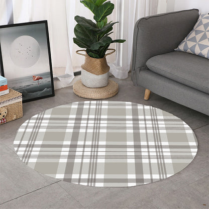 Grey And White Border Tartan Print Round Rug