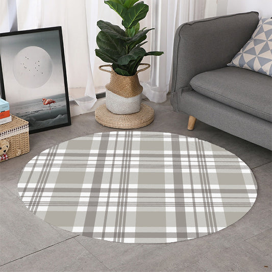 Grey And White Border Tartan Print Round Rug