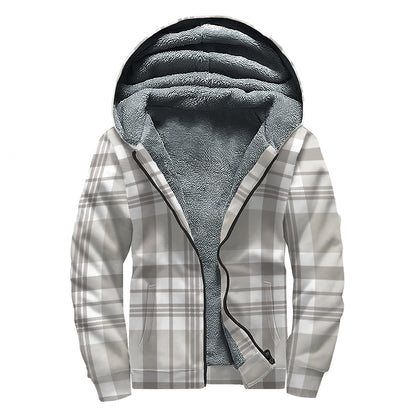 Grey And White Border Tartan Print Sherpa Lined Zip Up Hoodie