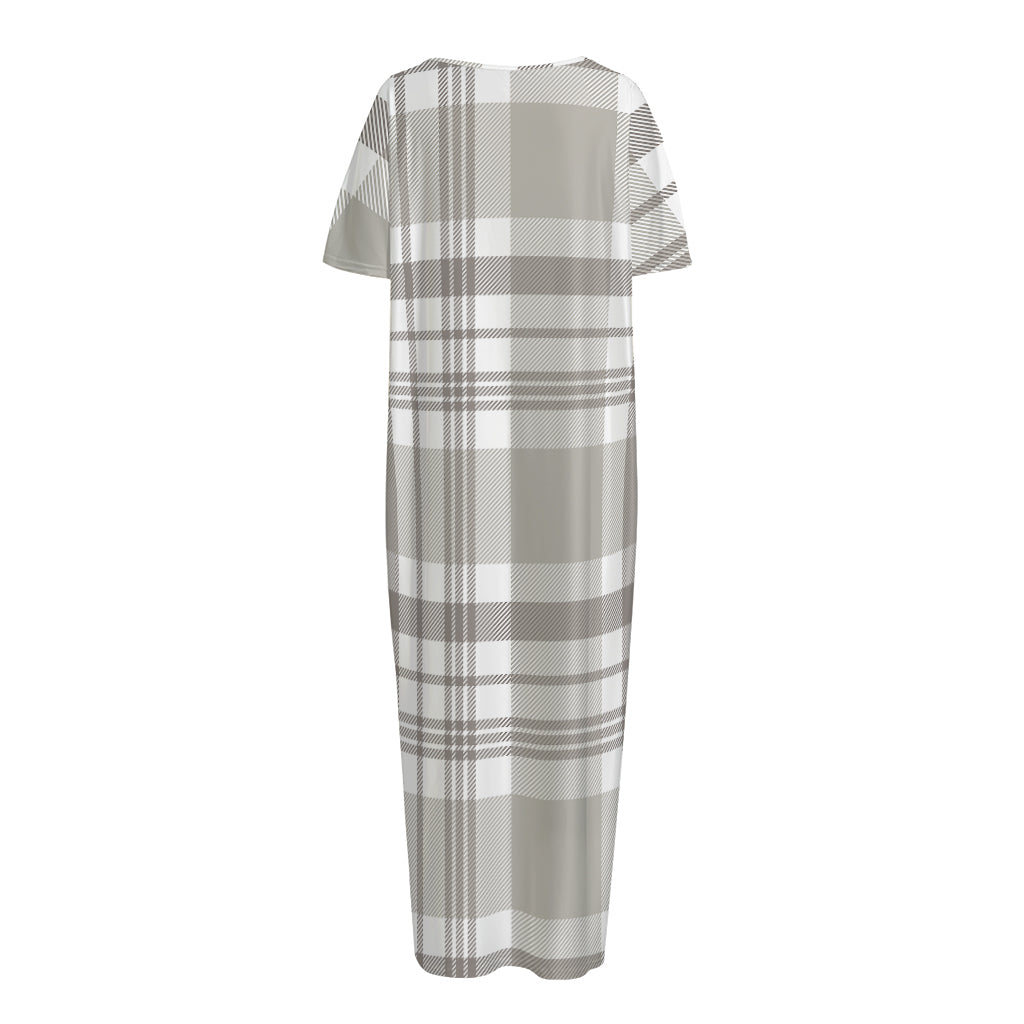 Grey And White Border Tartan Print Short Sleeve Long Nightdress