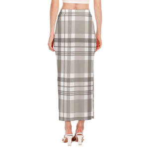 Grey And White Border Tartan Print Side Slit Maxi Skirt