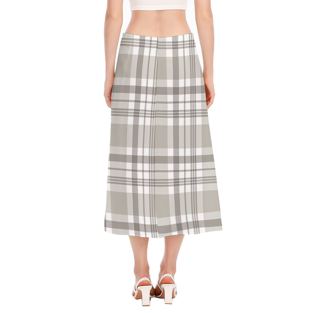 Grey And White Border Tartan Print Side Slit Midi Skirt