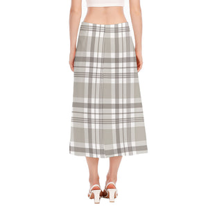 Grey And White Border Tartan Print Side Slit Midi Skirt