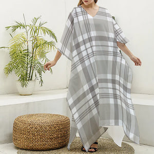 Grey And White Border Tartan Print Silk V-Neck Kaftan Dress