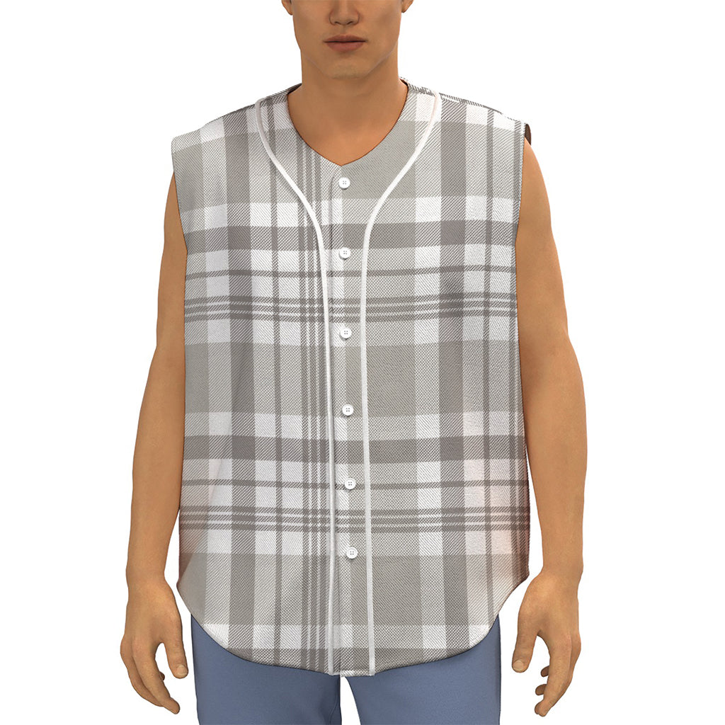 Grey And White Border Tartan Print Sleeveless Baseball Jersey