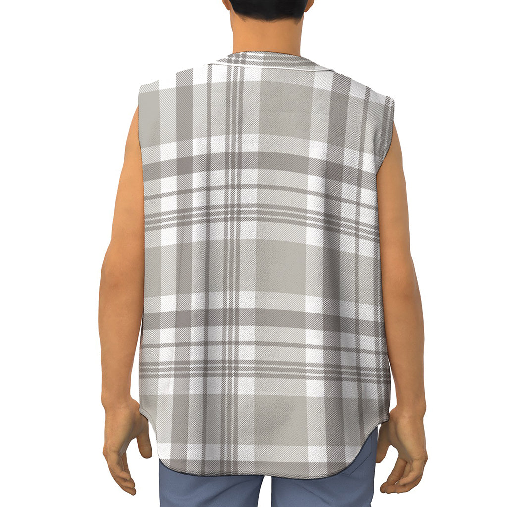 Grey And White Border Tartan Print Sleeveless Baseball Jersey