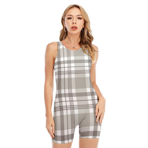 Grey And White Border Tartan Print Sleeveless One Piece Swimsuit