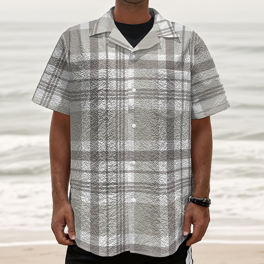 Grey And White Border Tartan Print Textured Short Sleeve Shirt