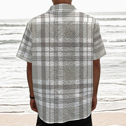 Grey And White Border Tartan Print Textured Short Sleeve Shirt