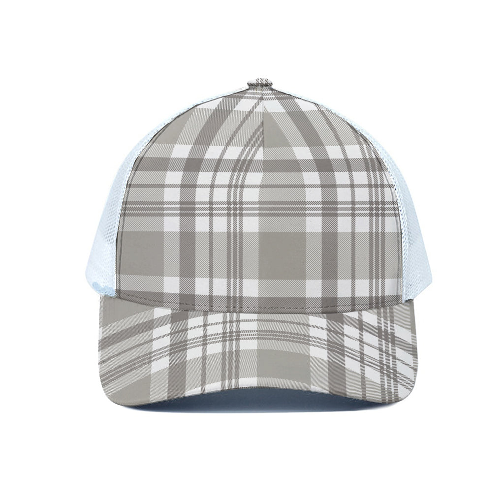 Grey And White Border Tartan Print White Mesh Trucker Cap