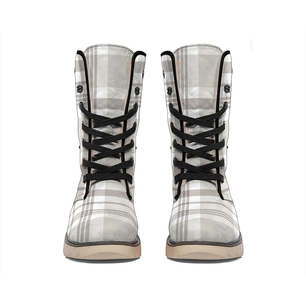 Grey And White Border Tartan Print Winter Boots