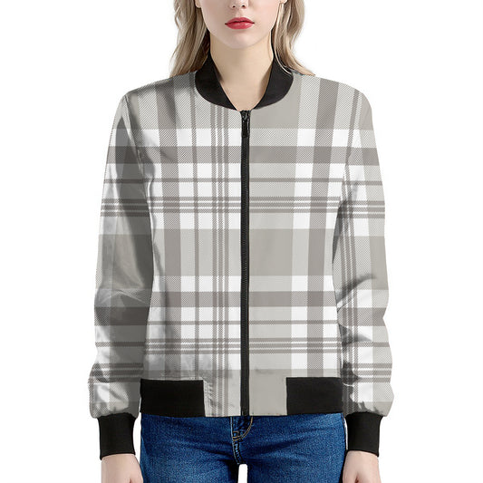 Grey And White Border Tartan Print Women's Bomber Jacket