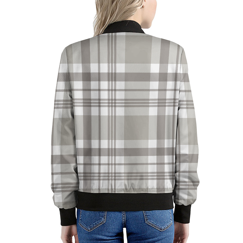 Grey And White Border Tartan Print Women's Bomber Jacket