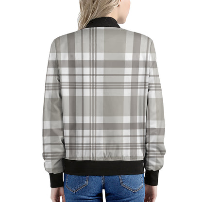 Grey And White Border Tartan Print Women's Bomber Jacket