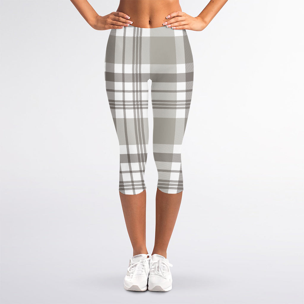 Grey And White Border Tartan Print Women's Capri Leggings