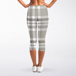 Grey And White Border Tartan Print Women's Capri Leggings