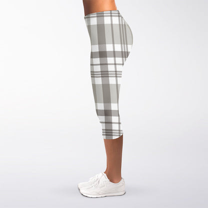 Grey And White Border Tartan Print Women's Capri Leggings