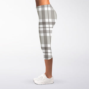 Grey And White Border Tartan Print Women's Capri Leggings