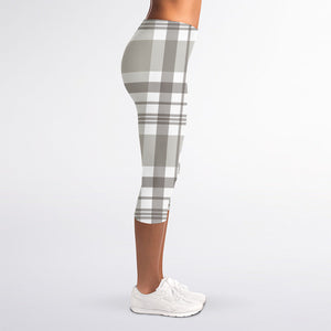 Grey And White Border Tartan Print Women's Capri Leggings