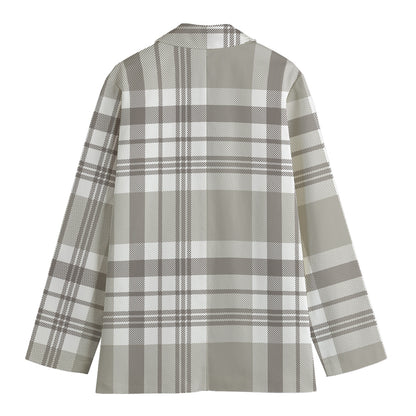 Grey And White Border Tartan Print Women's Cotton Blazer