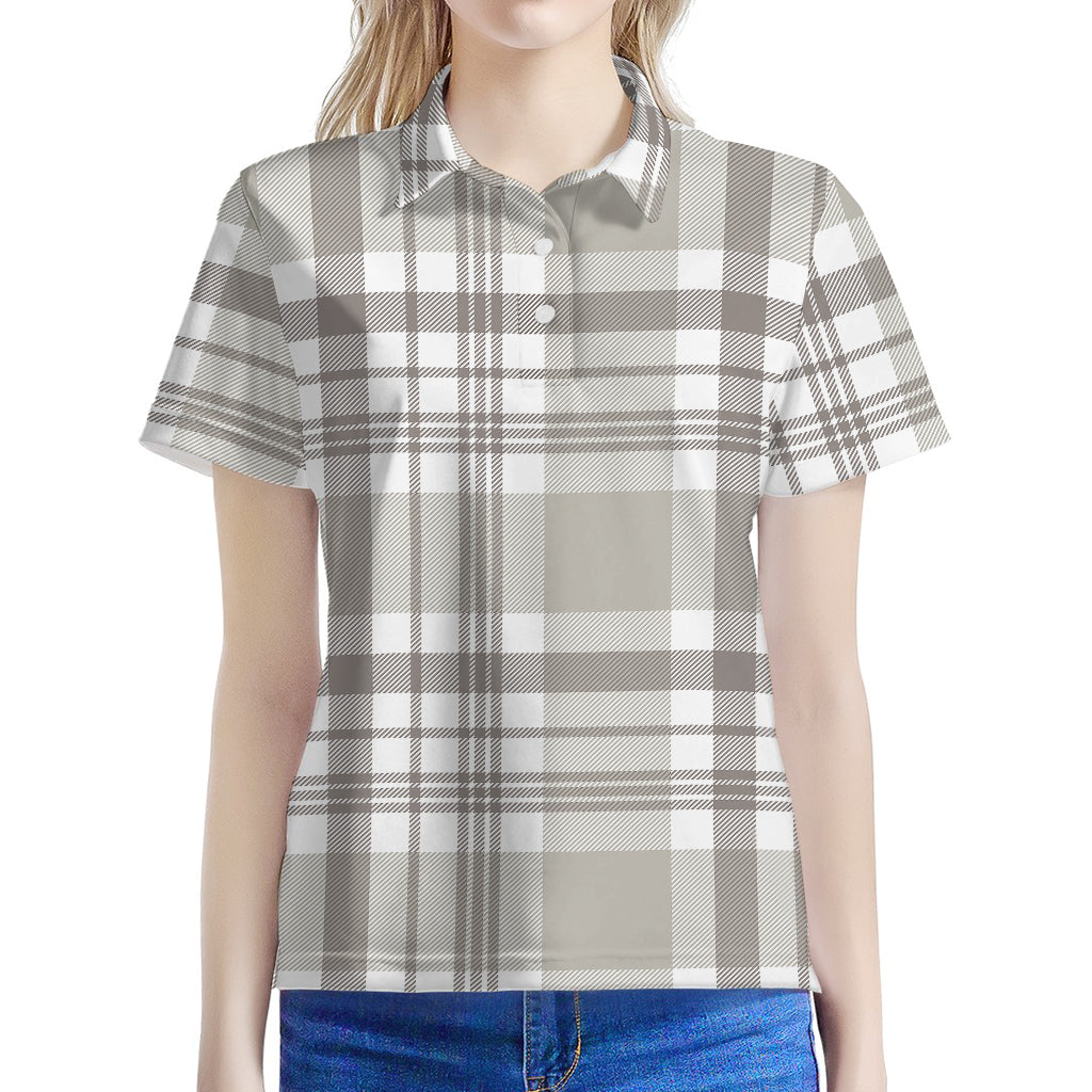 Grey And White Border Tartan Print Women's Polo Shirt