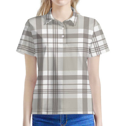 Grey And White Border Tartan Print Women's Polo Shirt