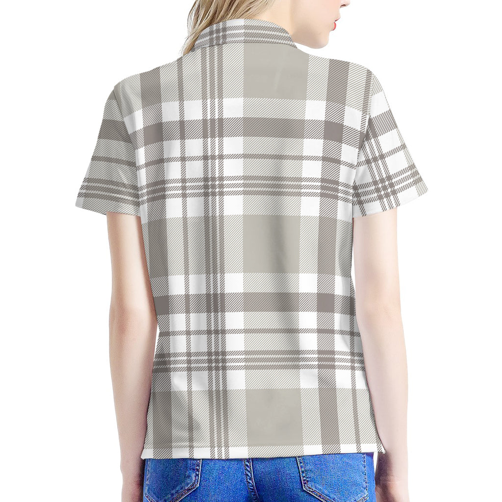 Grey And White Border Tartan Print Women's Polo Shirt
